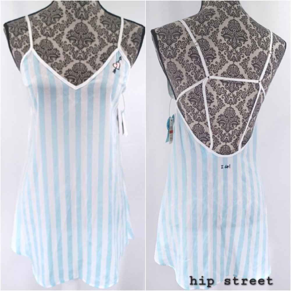 BETSEY JOHNSON Nightgown BLUE Embroidered I DO! Satin Stripe Bridal Slip XS NWT